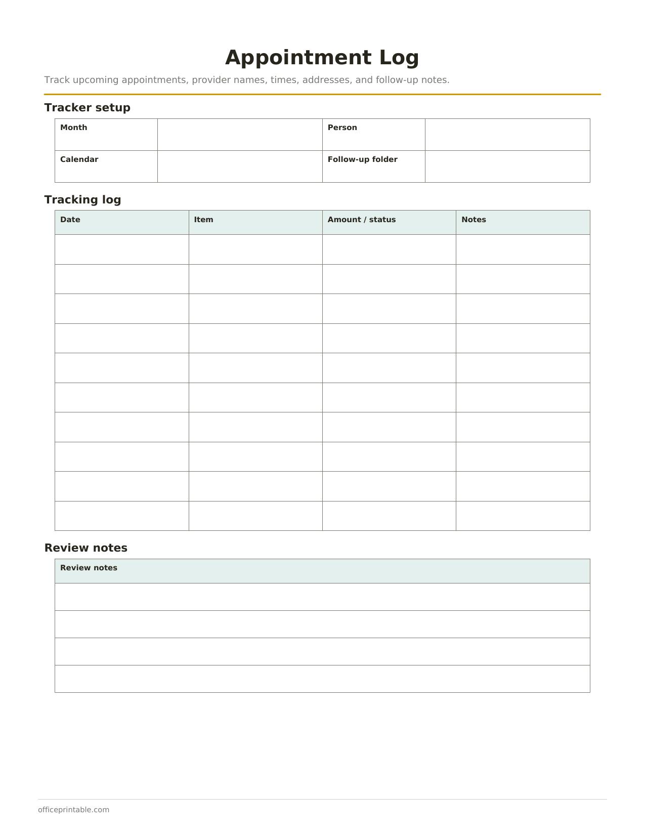 Preview of Appointment Log
