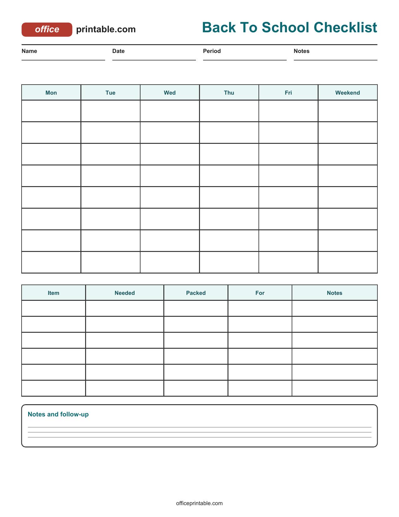 Preview of Back To School Checklist Printable