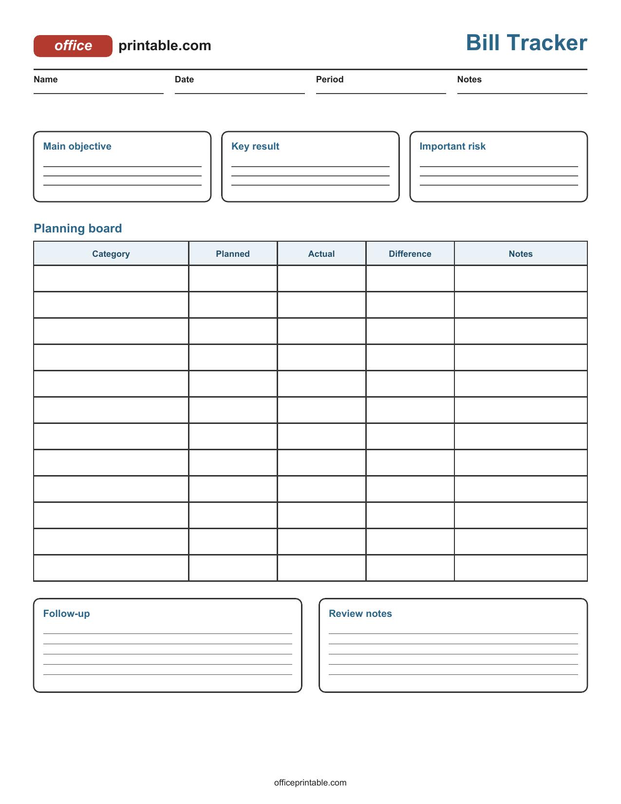 Preview of Bill Tracker Printable
