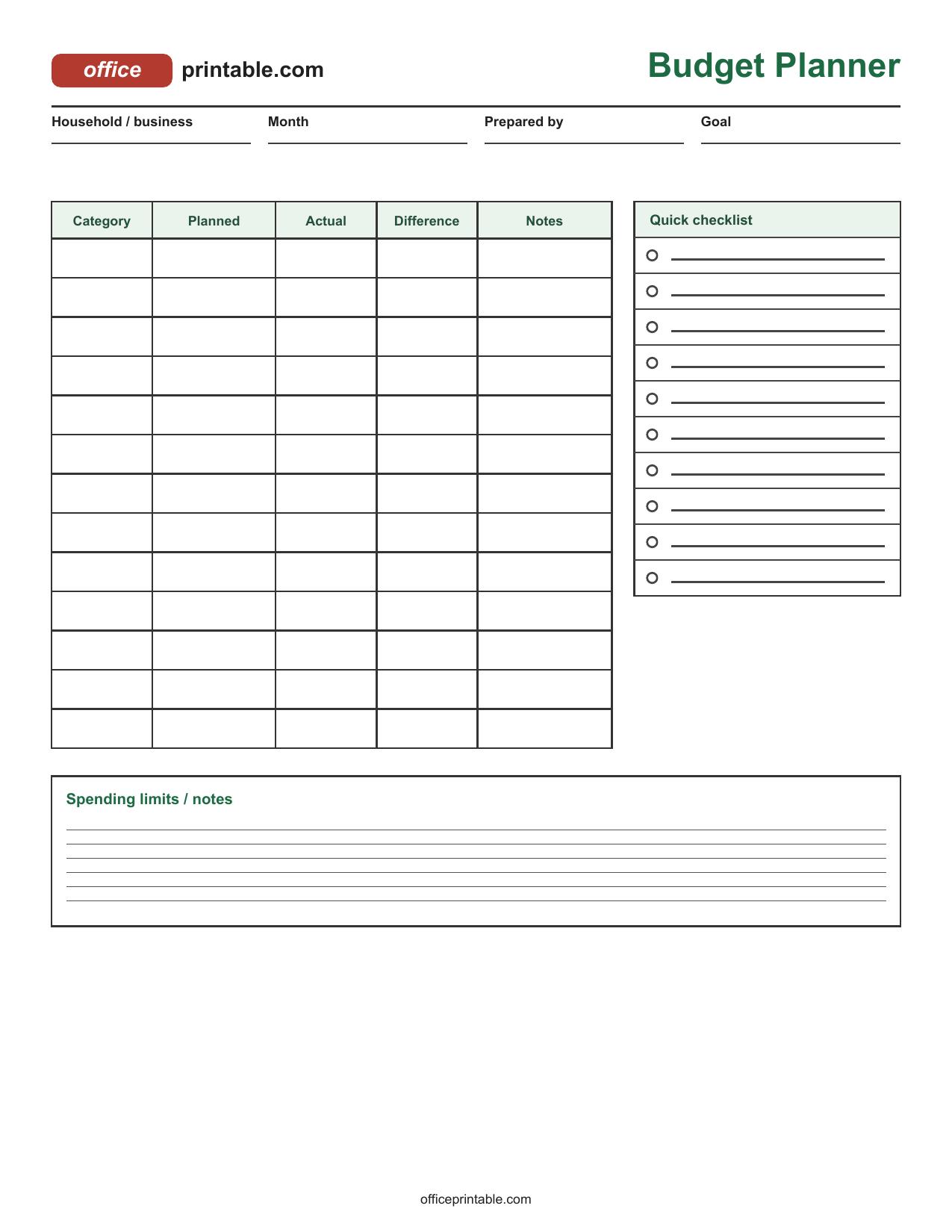 Preview of Budget Planner Printable