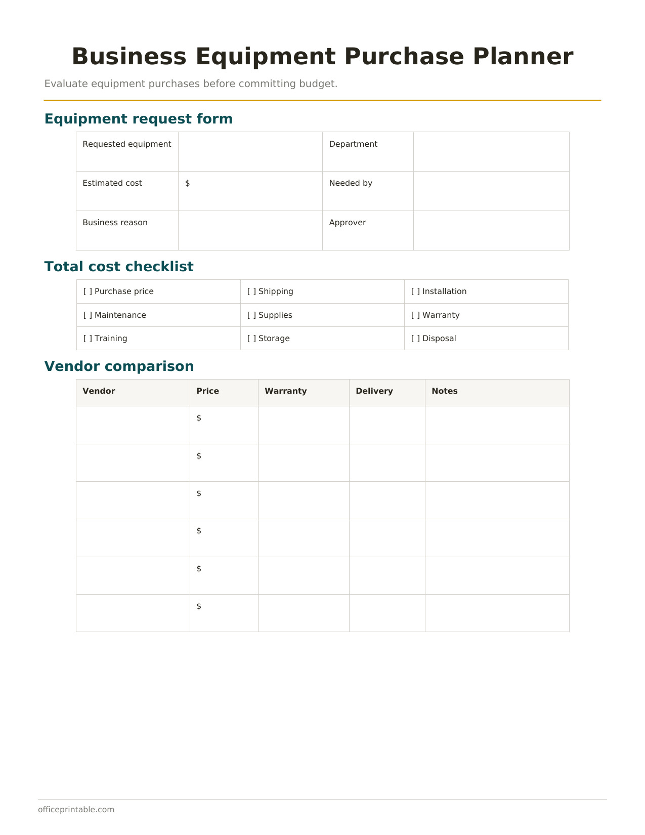 Preview of Business Equipment Purchase Planner