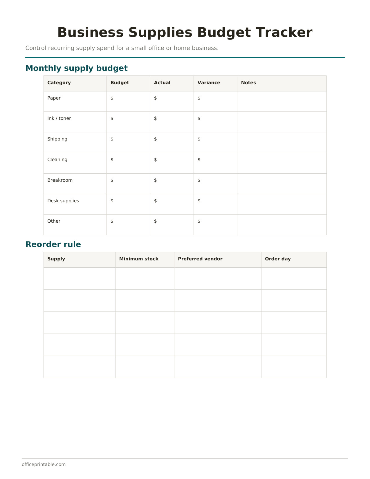 Preview of Business Supplies Budget and Reorder Tracker