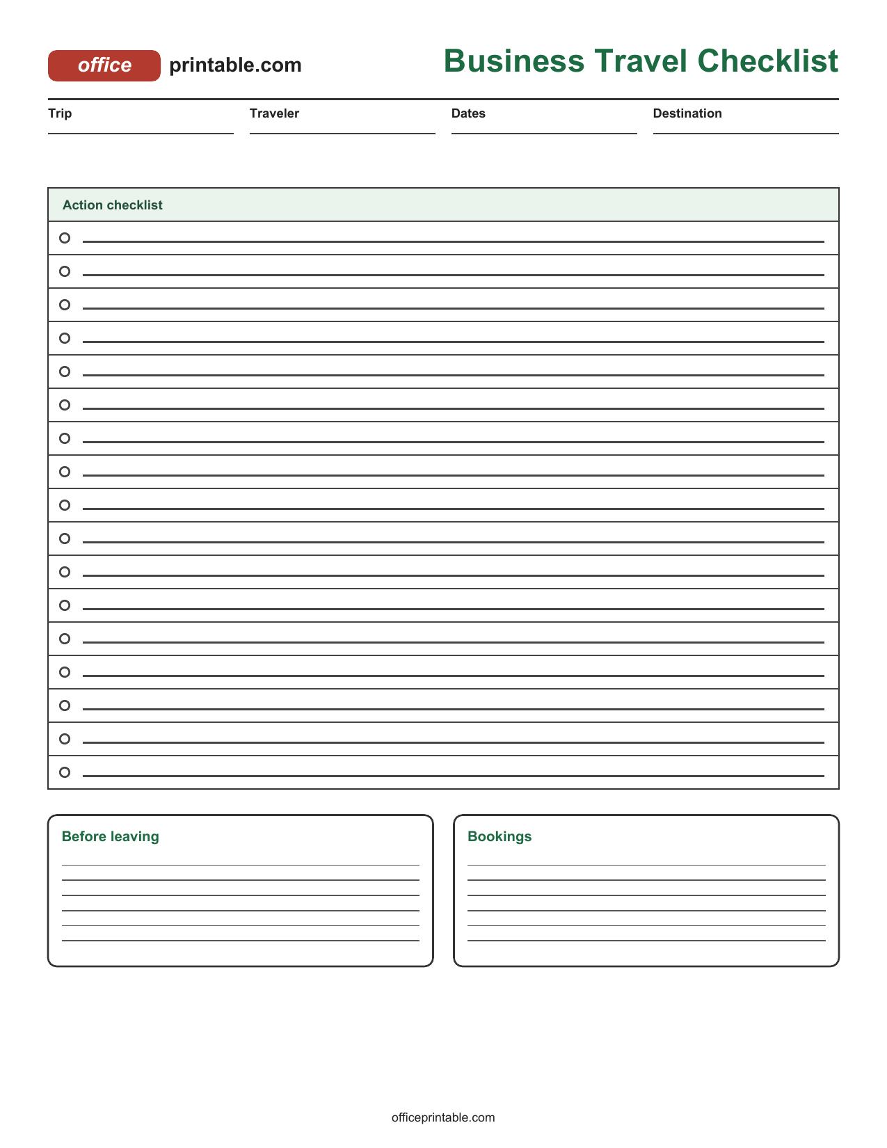 Preview of Business Travel Checklist Printable