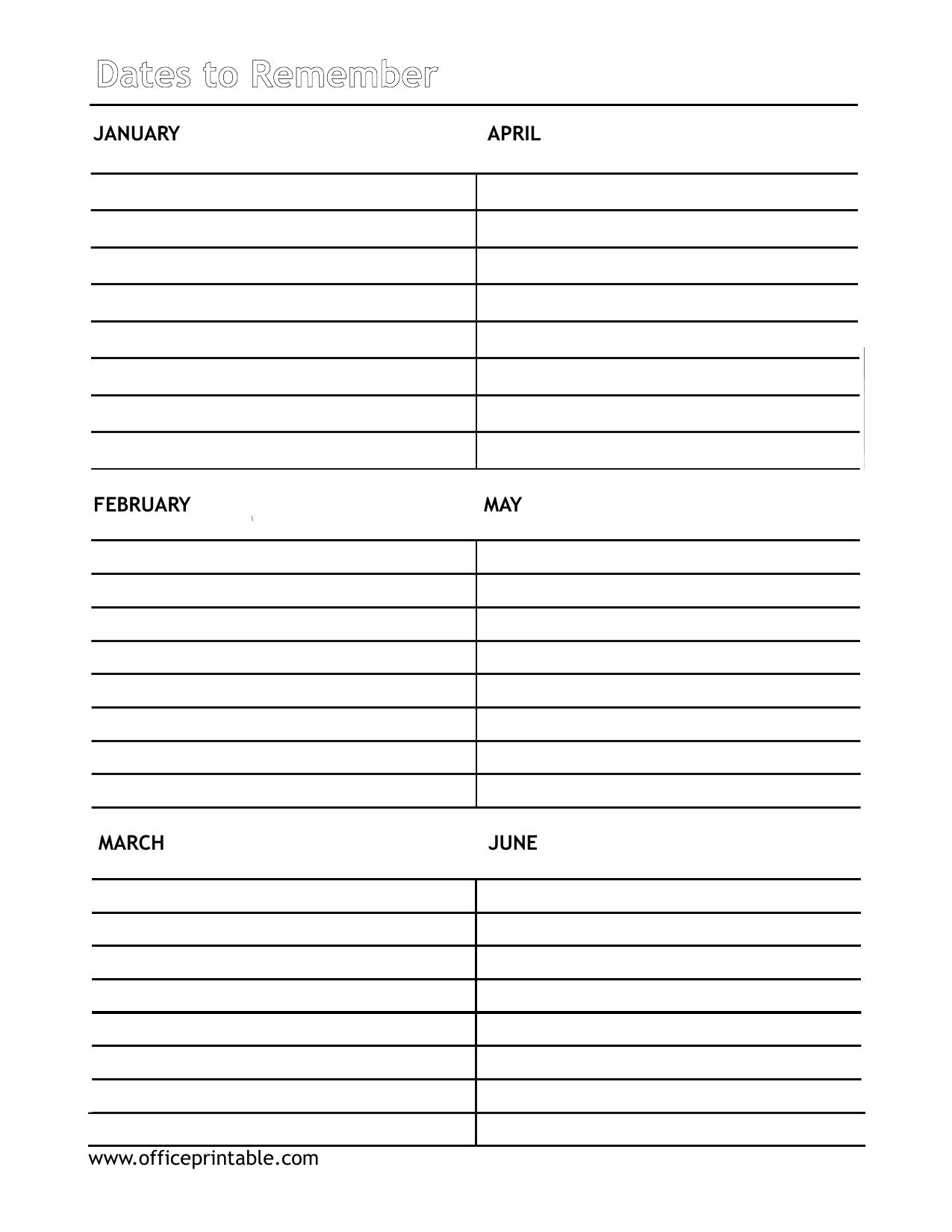 Preview of the Dates to Remember: Jan-Jun printable PDF