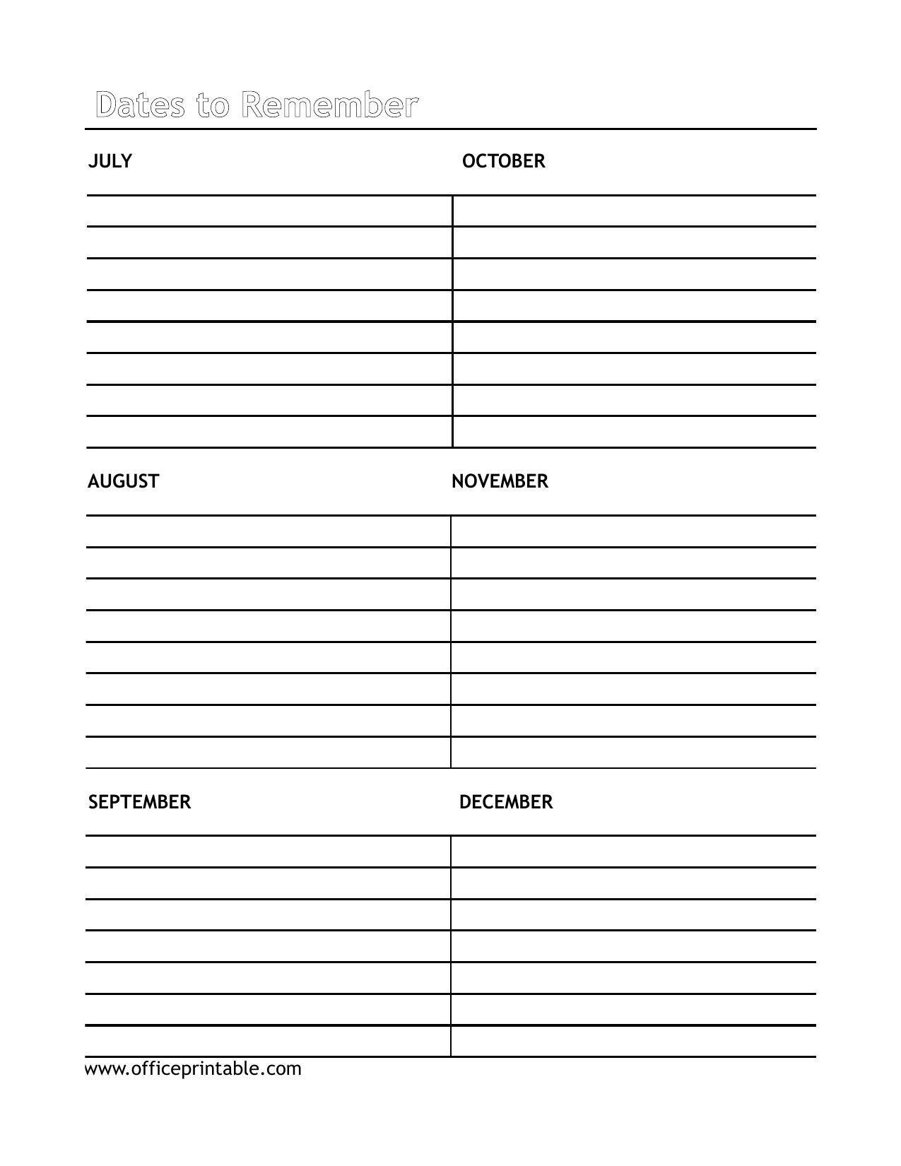 Preview of the Dates to Remember: Jul-Dec printable PDF