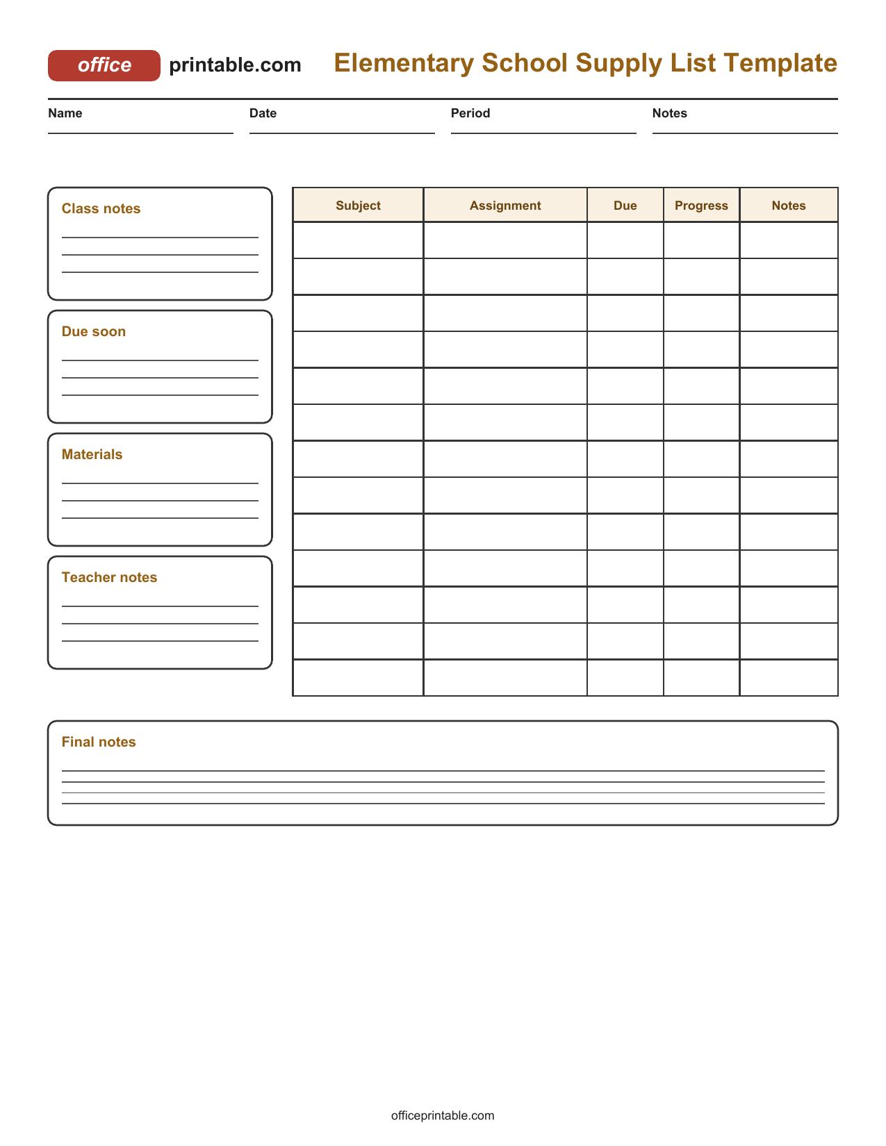 Preview of Elementary School Supply List Template