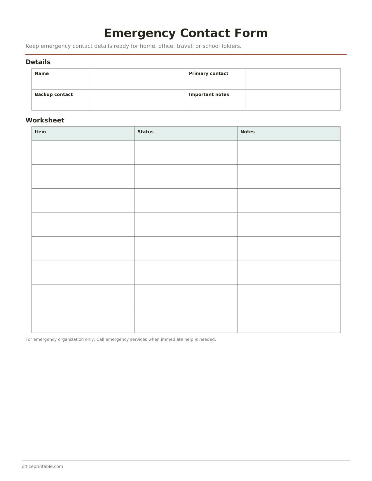 Preview of Emergency Contact Form