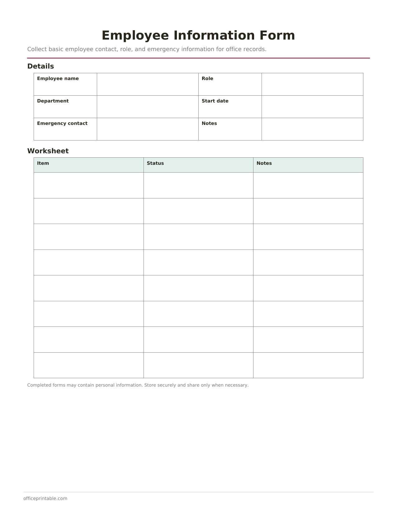Preview of Employee Information Form
