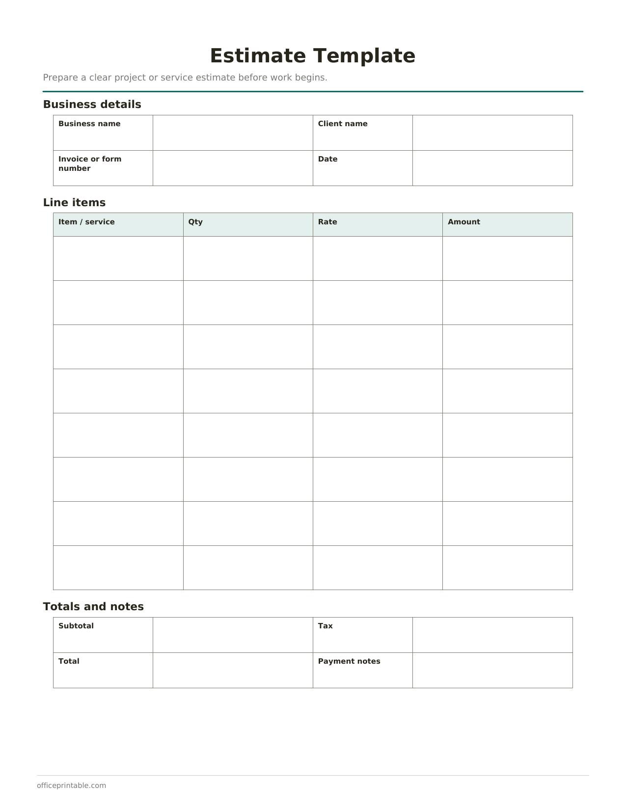 Preview of Estimate Template
