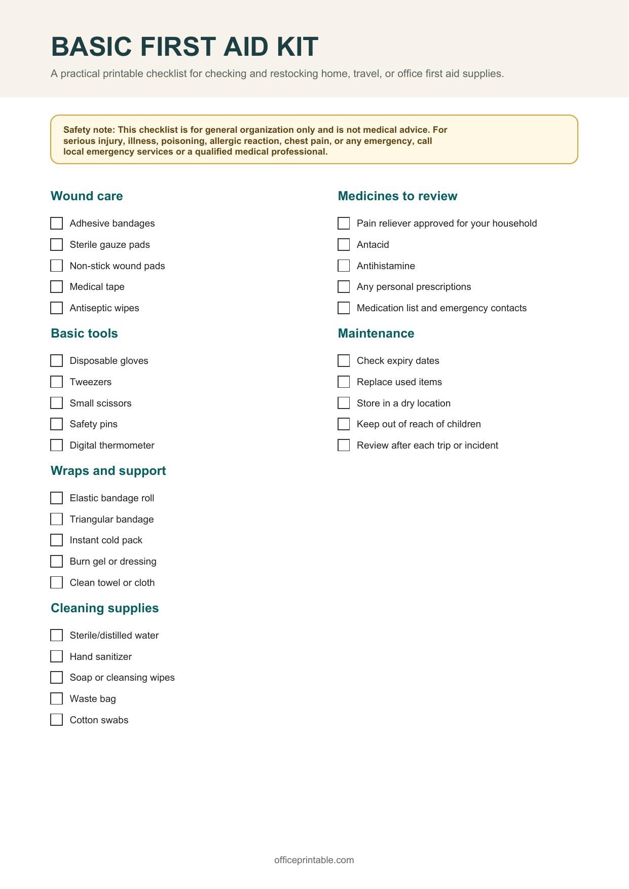 Preview of the First Aid Kit Checklist printable PDF