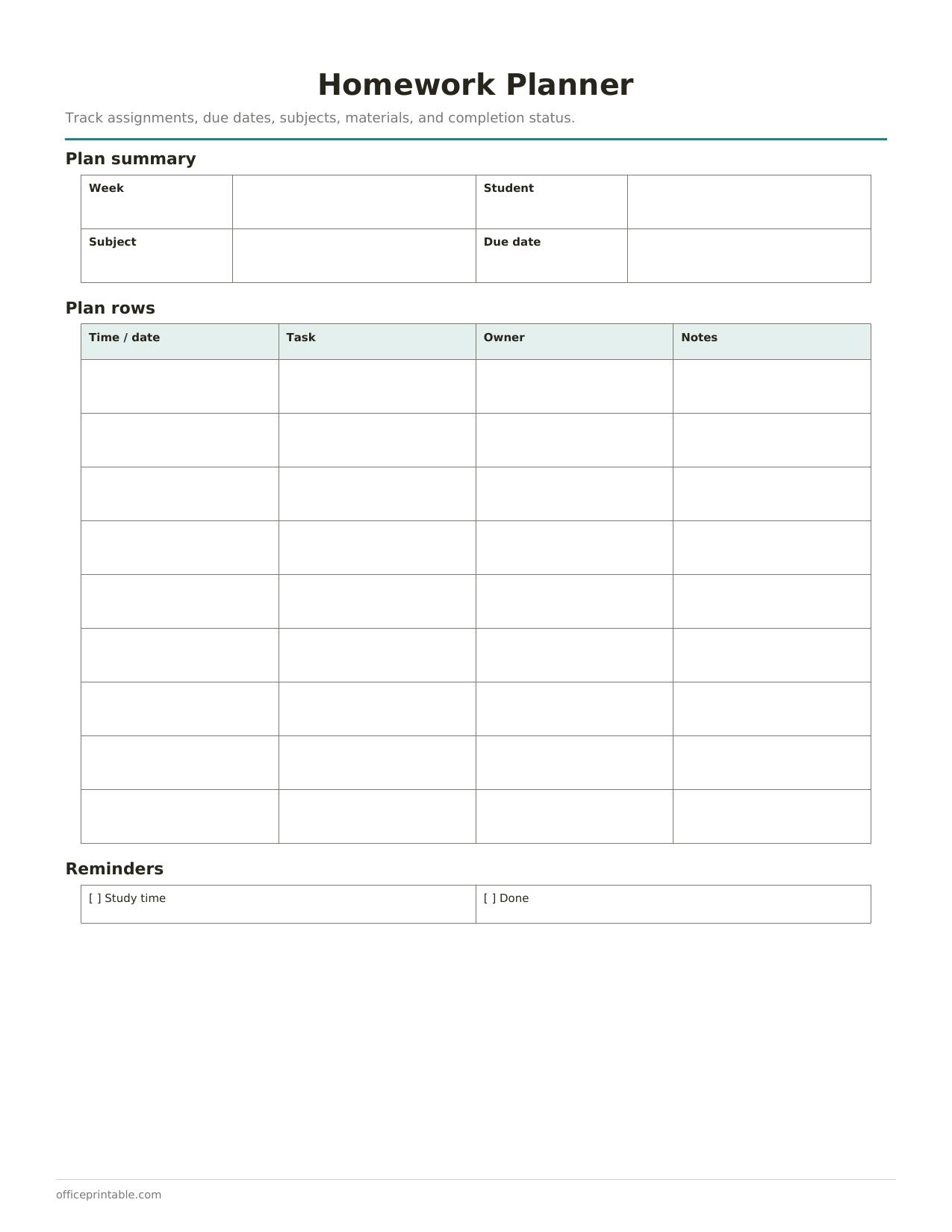 Preview of Homework Planner