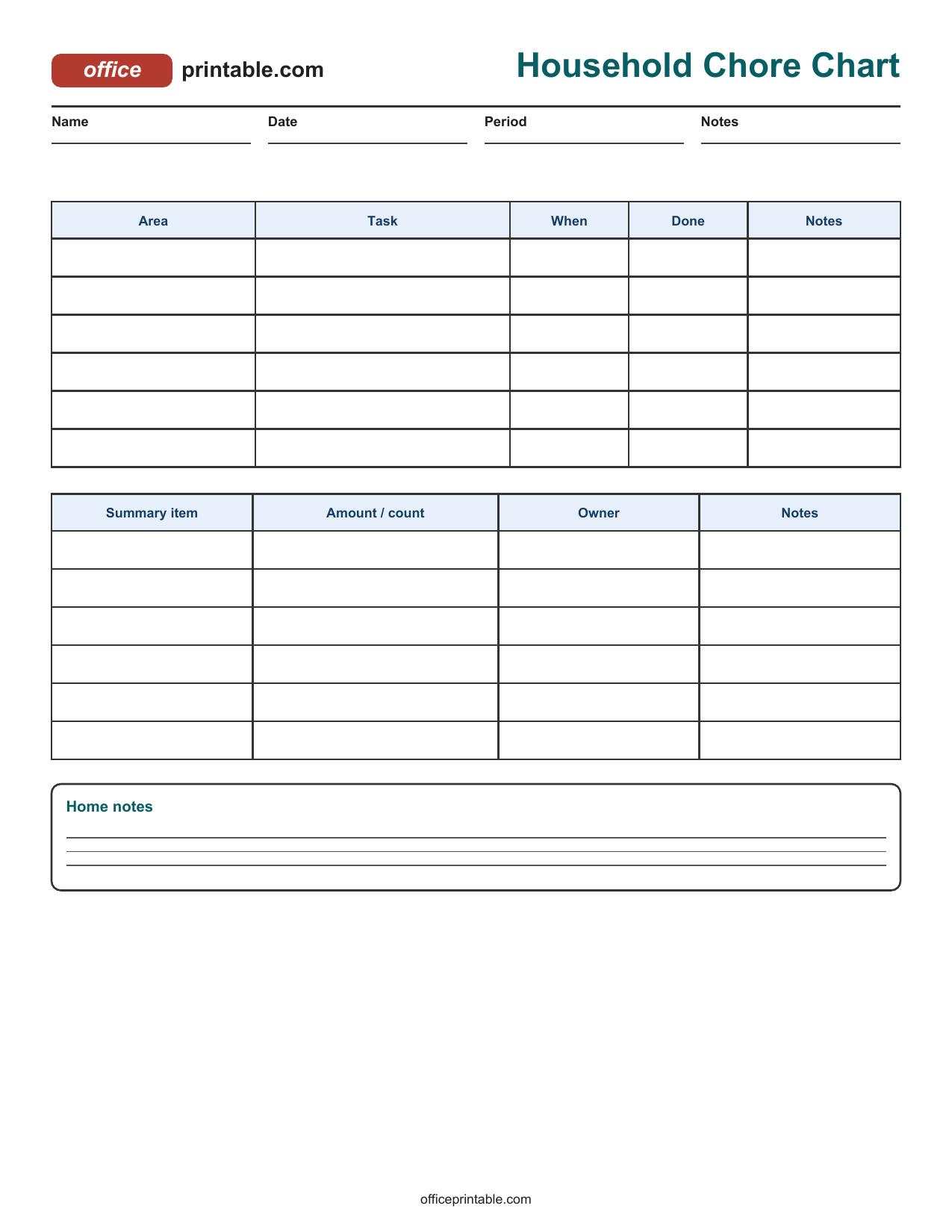 Preview of Household Chore Chart Printable