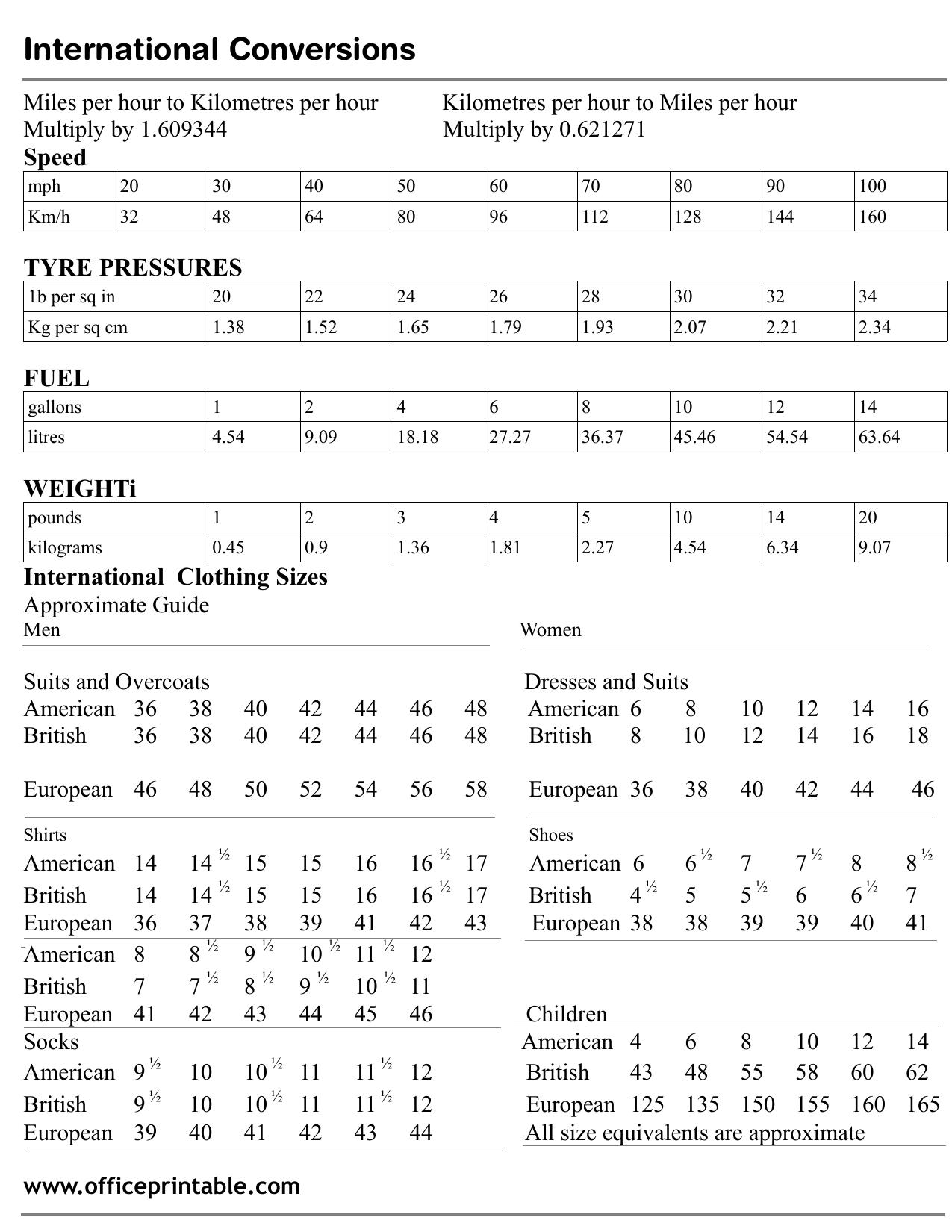 Preview of the International Conversion Chart printable PDF