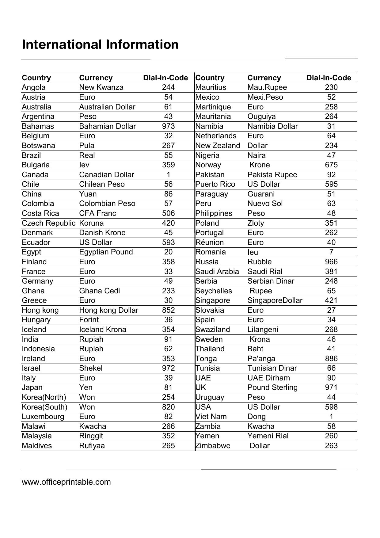 Preview of the International Currency and Calling Codes printable PDF