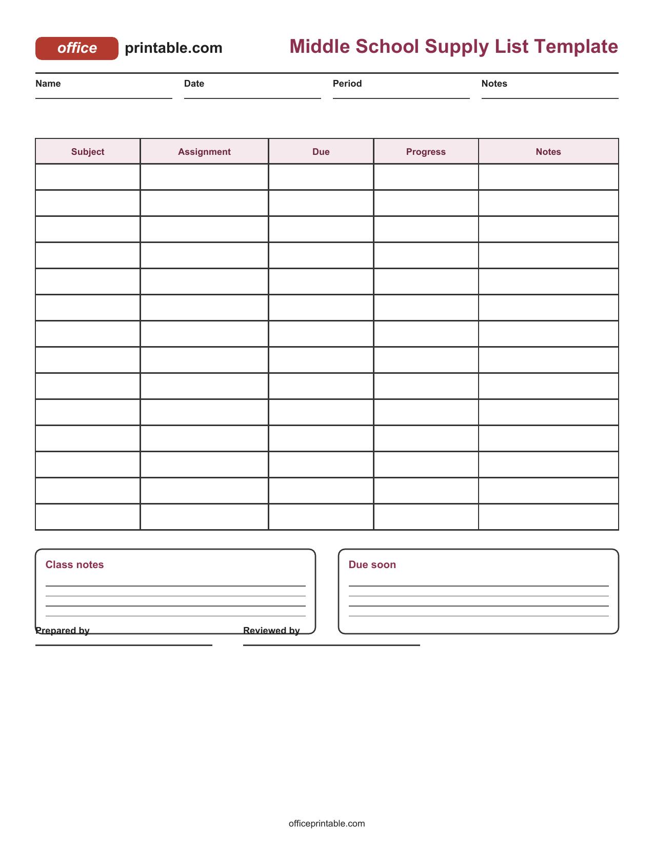 Preview of Middle School Supply List Template