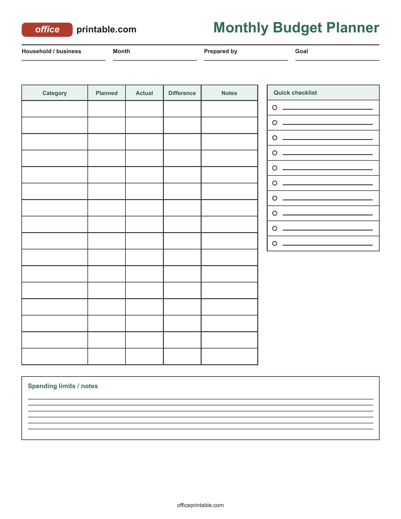 Preview of Monthly Budget Planner Printable