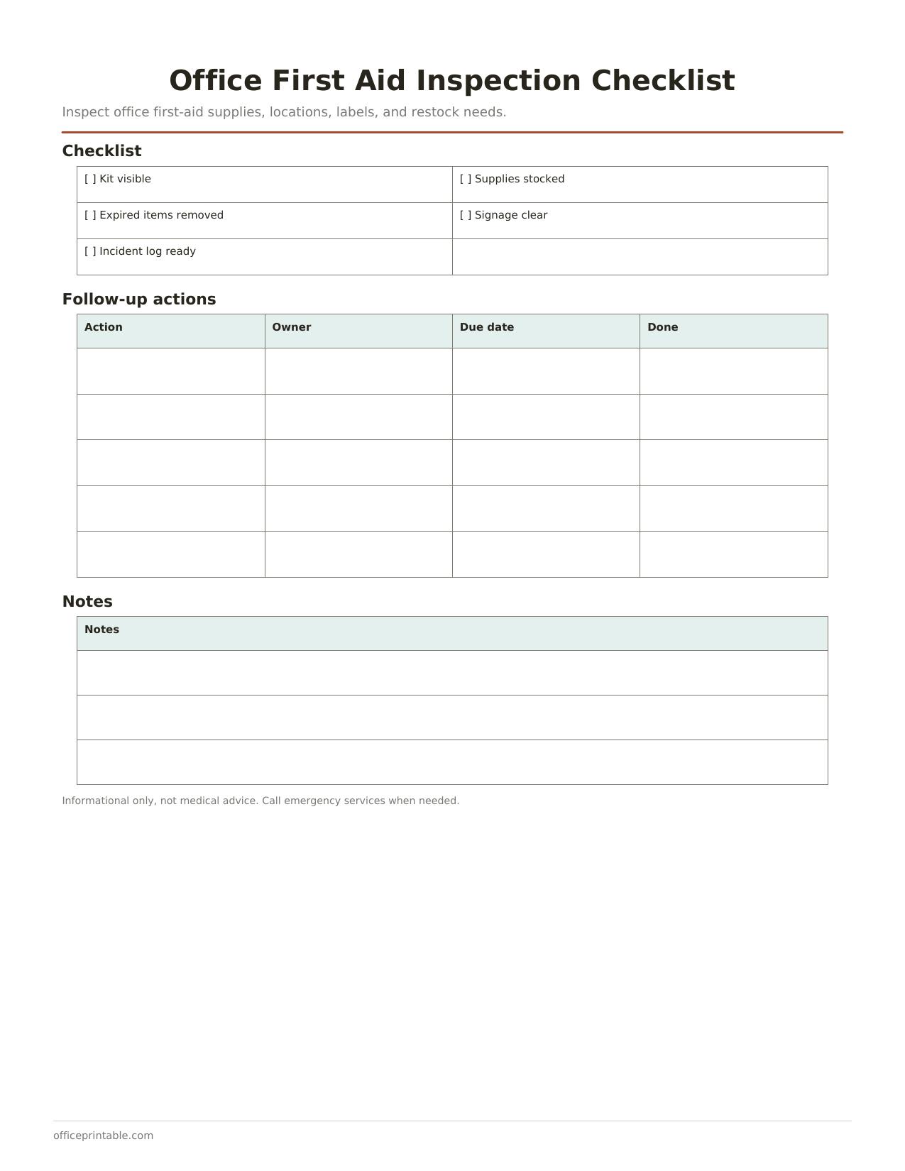 Preview of Office First Aid Inspection Checklist