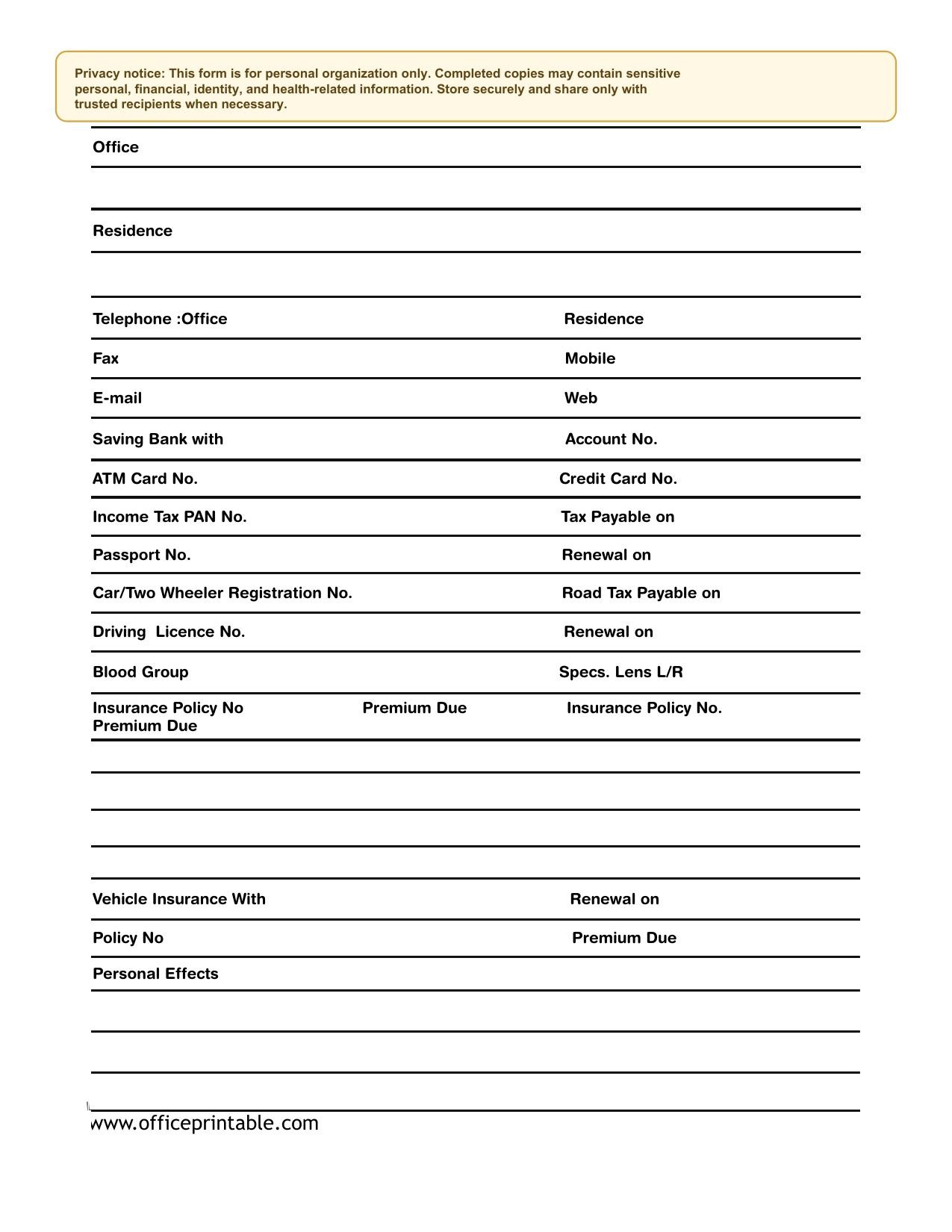 Preview of the Personal Data Request Form printable PDF