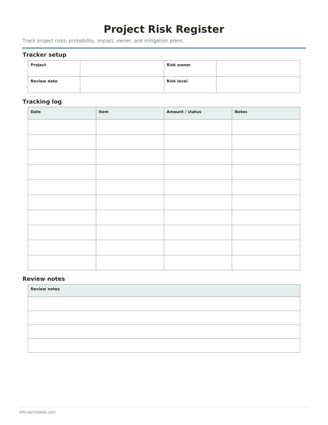 Preview of Project Risk Register
