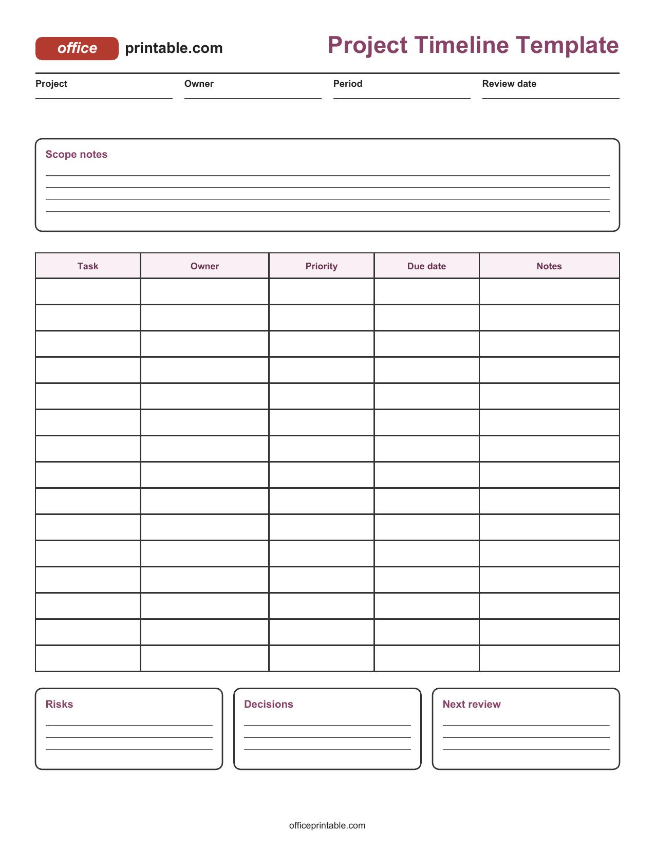 Preview of Project Timeline Template Printable