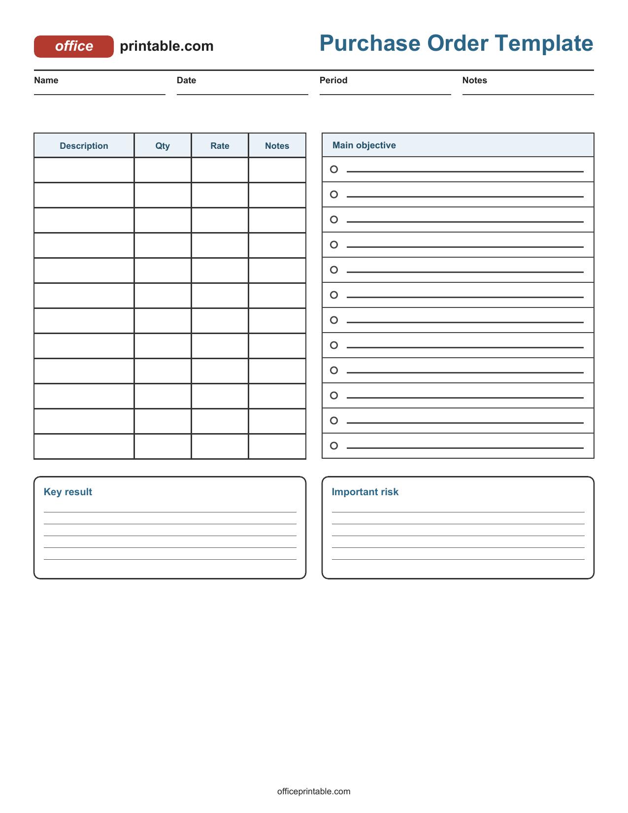 Preview of Purchase Order Template Printable