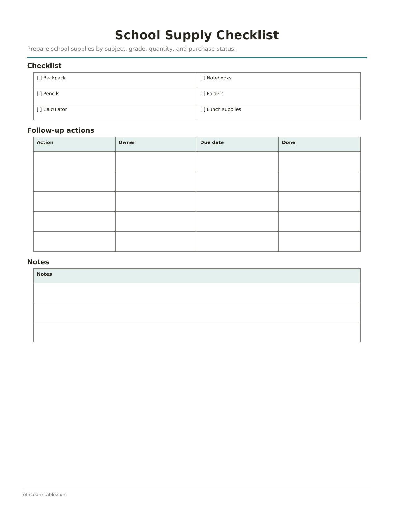 Preview of School Supply Checklist