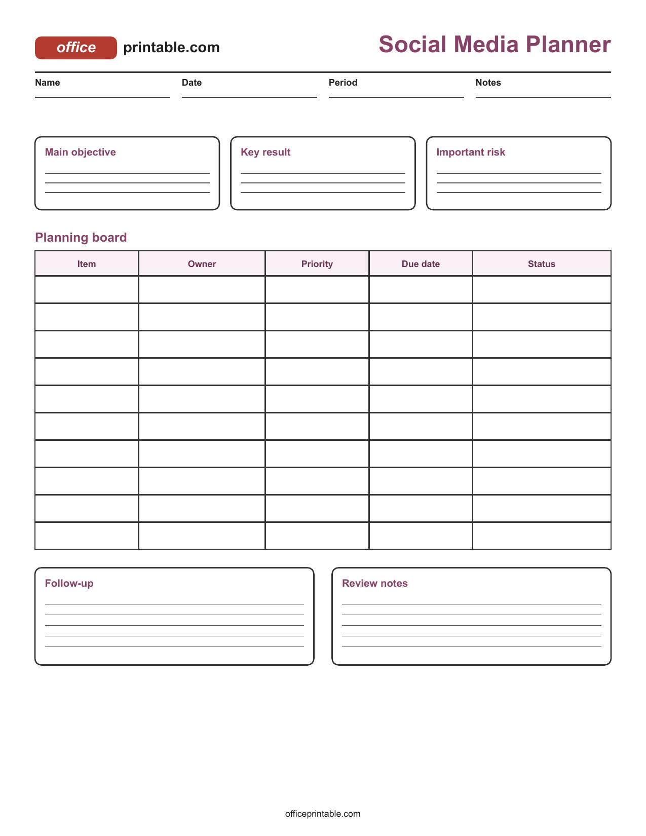 Preview of Social Media Planner Printable