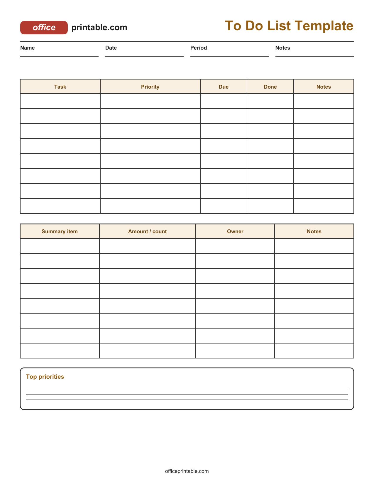 Preview of To Do List Template Printable