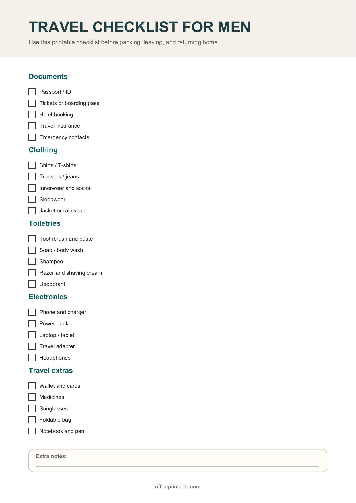 Preview of the Travel Checklist for Men printable PDF