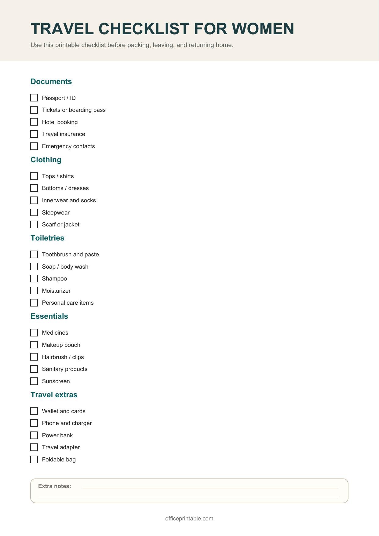Preview of the Travel Checklist for Women printable PDF
