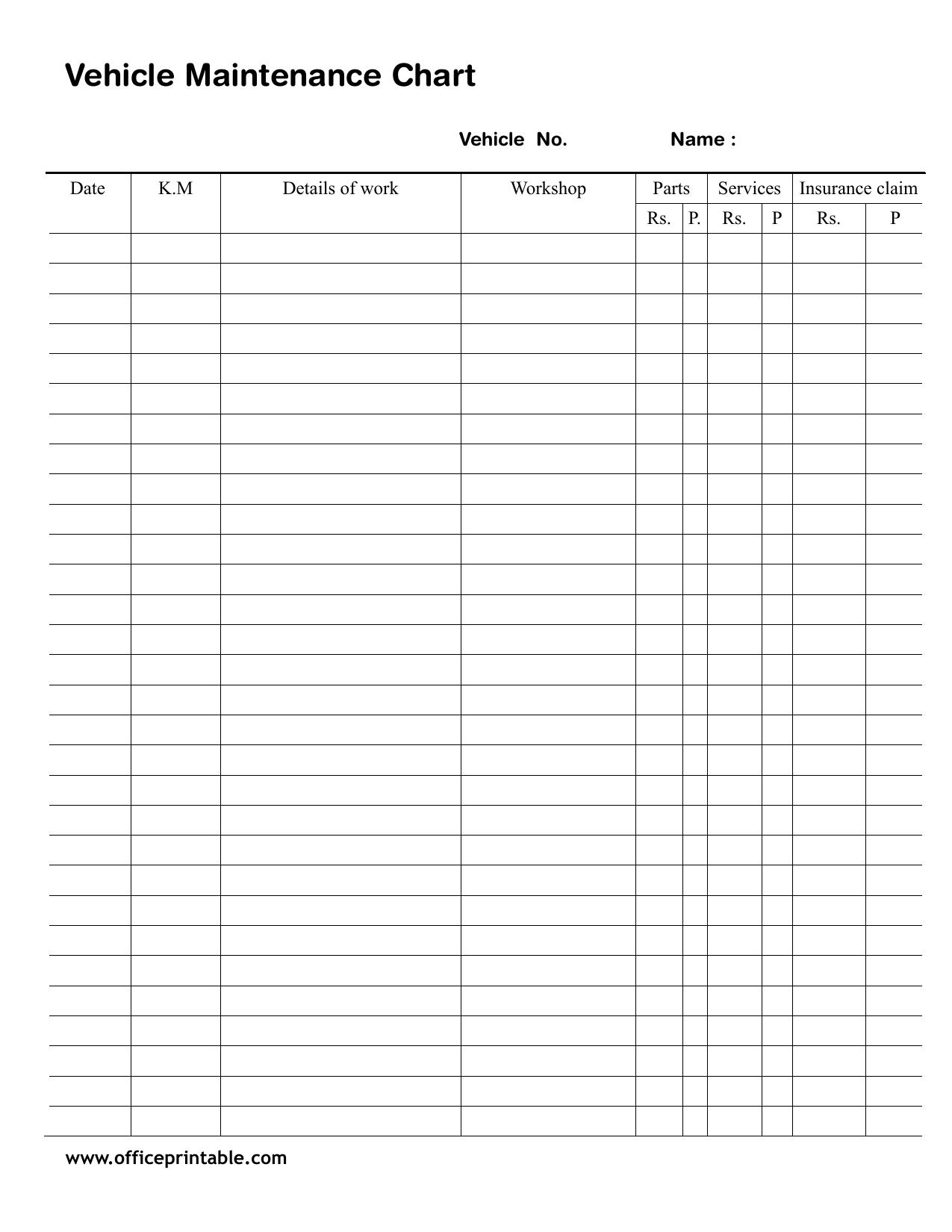Preview of the Vehicle Maintenance Chart printable PDF
