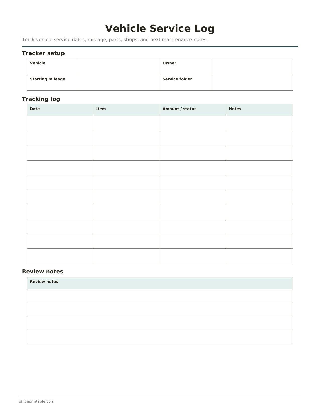 Preview of Vehicle Service Log