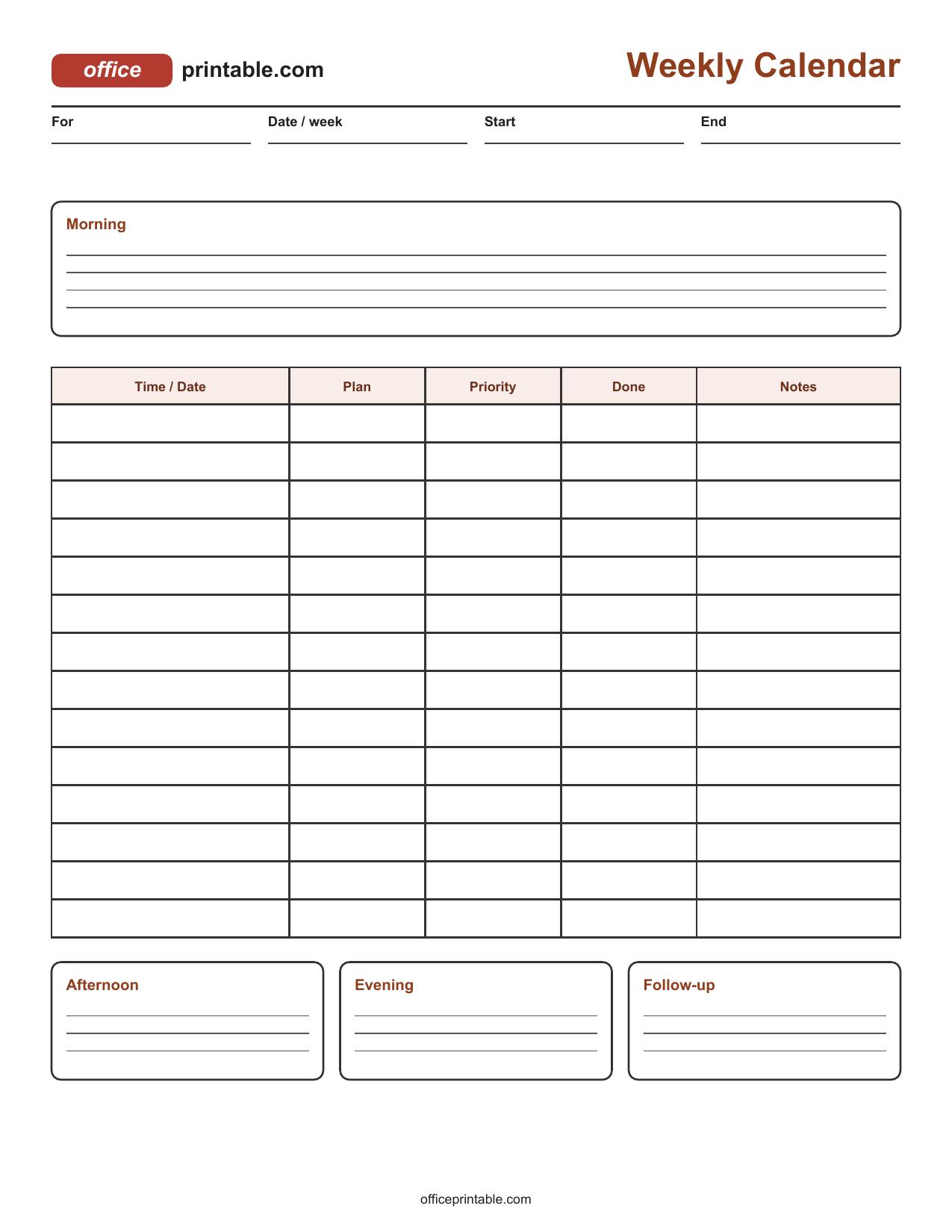 Preview of Weekly Calendar Printable