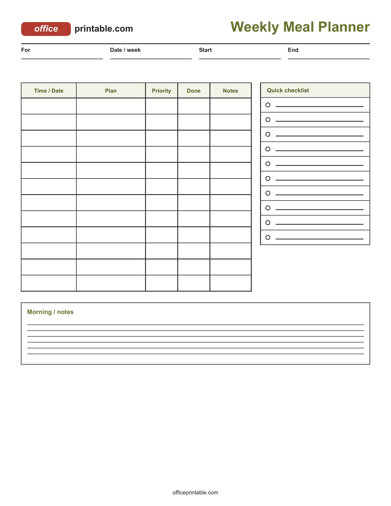 Preview of Weekly Meal Planner Printable