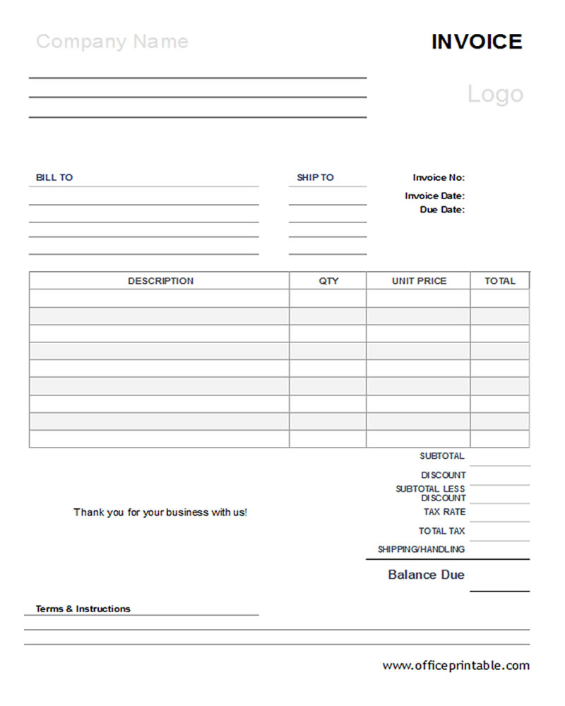 Simple invoice template (Blue) :: www.officeprintable.com